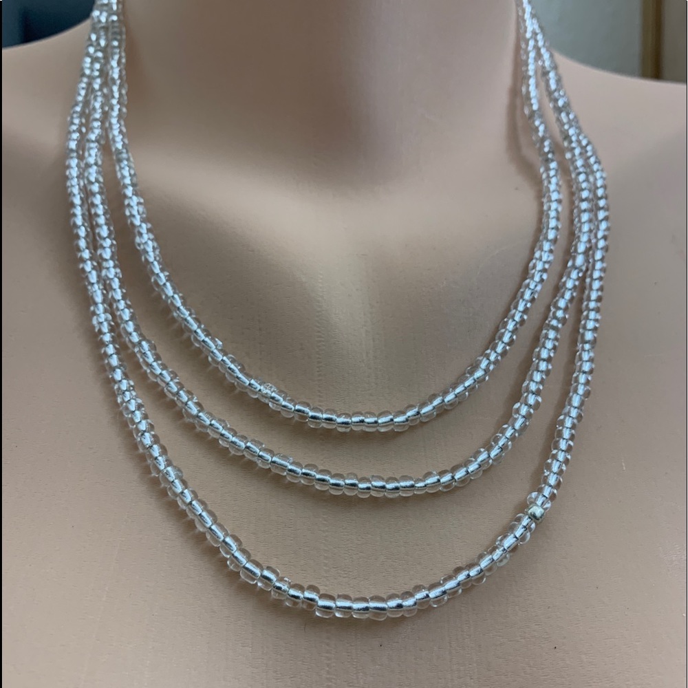 Three strand silver white tone beads necklace